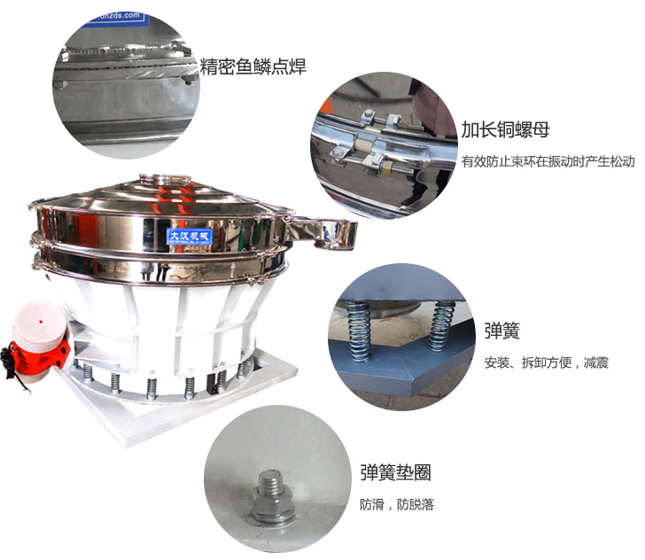 1500直排篩細節(jié)展示：彈簧，彈簧墊圈，加長銅螺母。